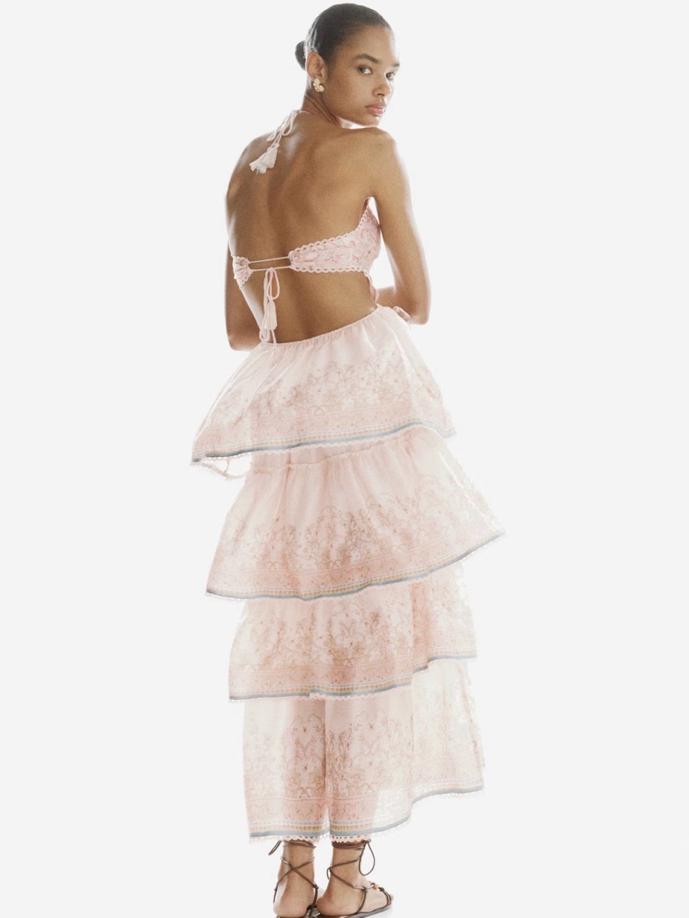 H&M Pink Linen Blend Tiered Halter neck Dress Size XS NWT
